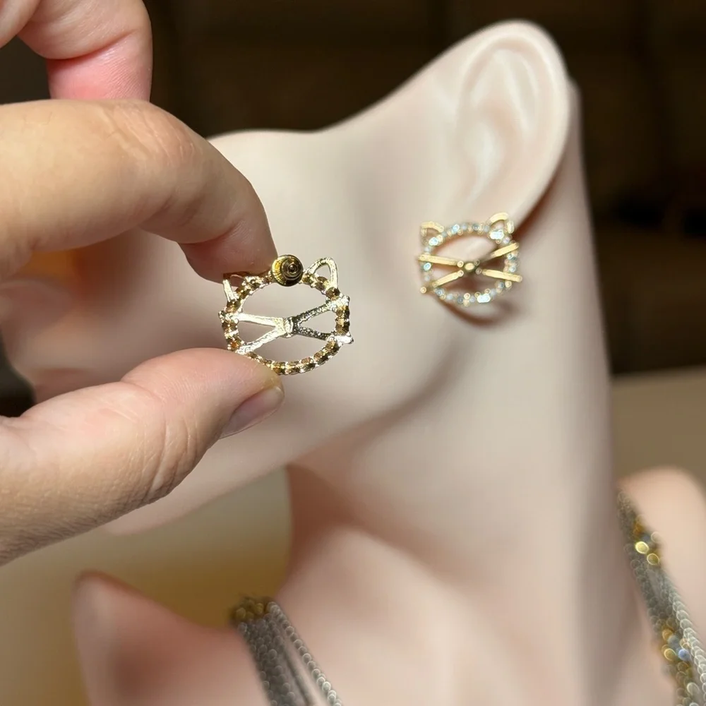 Gold Cat Face Crystal Stud Earrings - Women Jewelry
